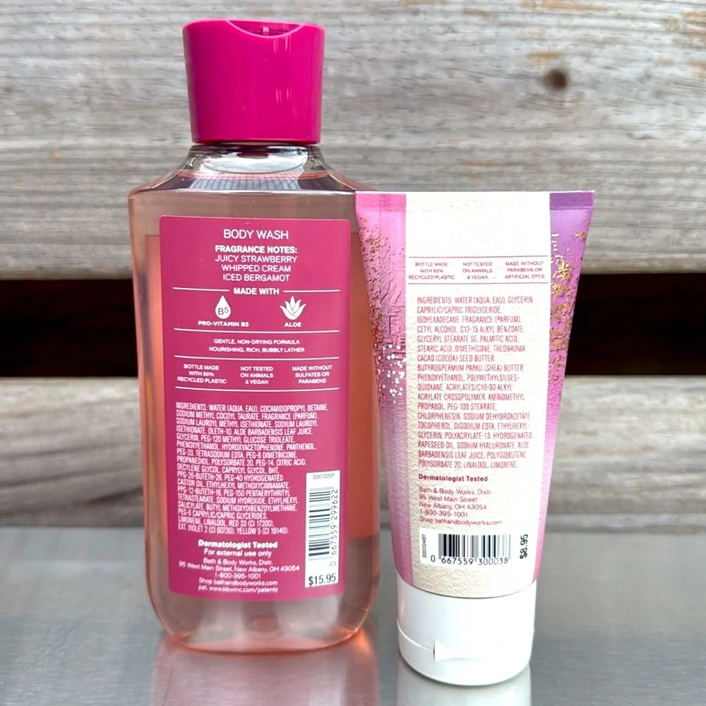 Bath & Body Works Strawberry Snowflakes Body Wash 10 FLOZ & Body Cream 2.5 OZ